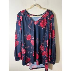 Suzanne Betro Navy Long Sleeve V Neck Shirt Sz XL